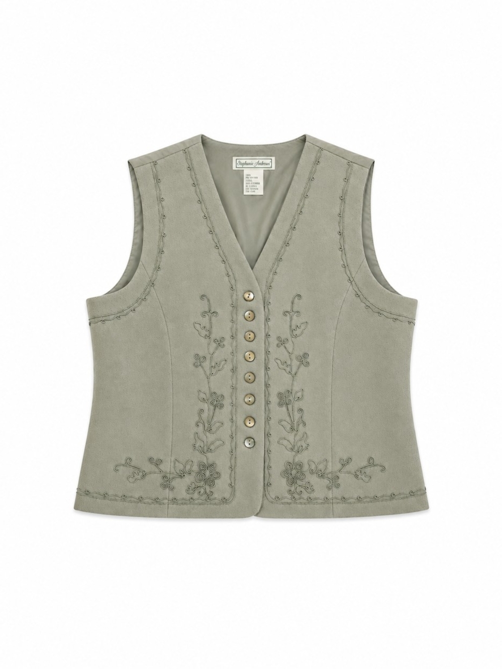 Vintage Embroidered Sage Green Button-Front Vest 100% wool, Size Large